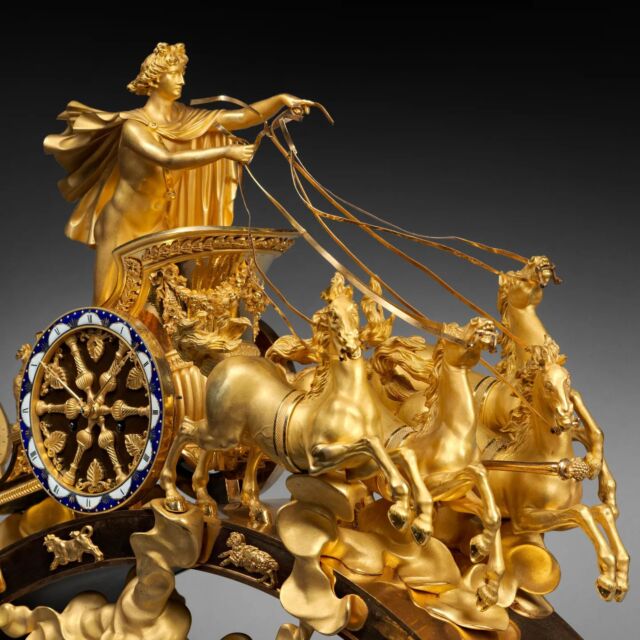 Apollo’s chariot is one of the most majestic clock models of the French Empire period. The spectacular composition was cast into bronze in two versions by Pierre-Philippe Thomire, after a drawing attributed to Jean-Démosthène Dugourc. The larger version with a quadriga is particularly appreciated by European crowns. Some of these can still be seen in European royal collections, the most famous being those acquired by George IV (Buckingham Palace) and Paul I of Russia (Hermitage Museum).
_________________

Detail of an Apollo’s chariot clock in quadriga version. Gilt and patinated bronze, polychrome enamel, Sea Green marble. Paris, Empire period, circa 1805.


Photo by @agencephar

#clock #timepiece #horology #hautehorlogerie #giltbronze #ormolu #decorativeart #neoclassical #masterpiece #antique #antiquefurniture #collection #luxuryinteriors #arthistory #design #古董 #收藏品 #frenchempire #agencephar #lapendulerie