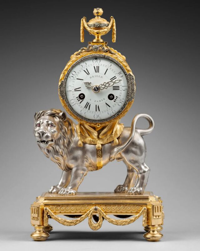 Animal-themed clocks made their true appearance during the reign of Louis XV and grew to be quite popular during the second half of the 18th century, when neoclassicism became the dominant style in the French decorative arts, particularly in Paris. 
_______________

Dial signed “Brille à Paris”
Case attributed to François Vion
Mantel Clock “The Peaceful Lion”
Gilt and silvered bronze, hematite, enamel
Paris, Transition period, circa 1770

Photos by @agencephar

#clock #timepiece #horology #hautehorlogerie #giltbronze #ormolu #decorativeart #neoclassical #18thcenturyart #masterpiece #antique #antiquefurniture #collection #luxuryinteriors #arthistory #design #古董 #收藏品 #agencephar #lapendulerie